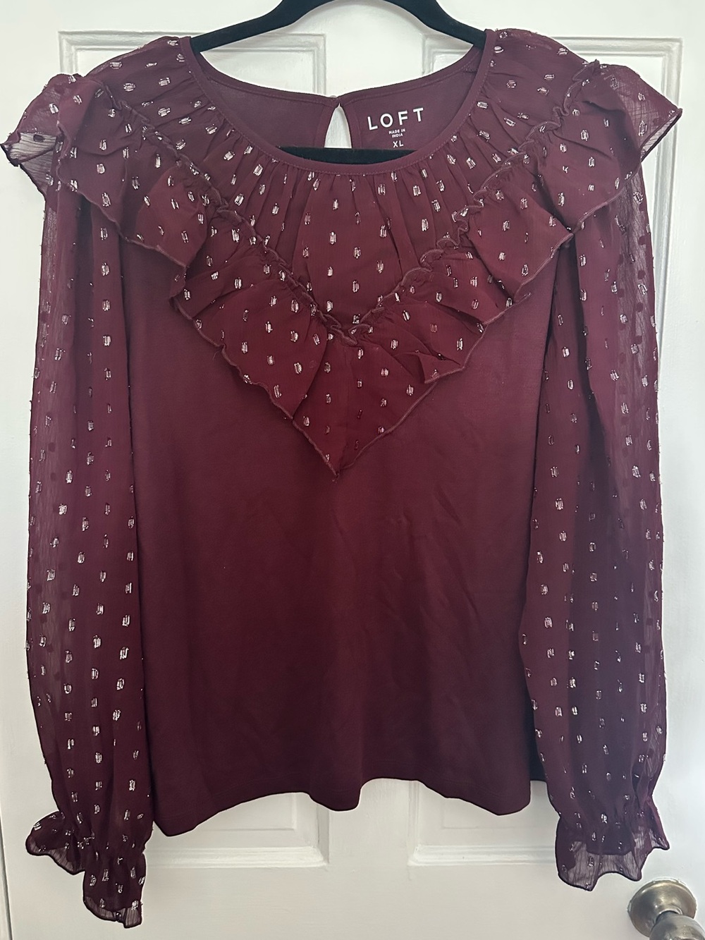 XL Burgundy shimmer-dotted ruffle yoke mixed media top from LOFT - Picture 3 of 5